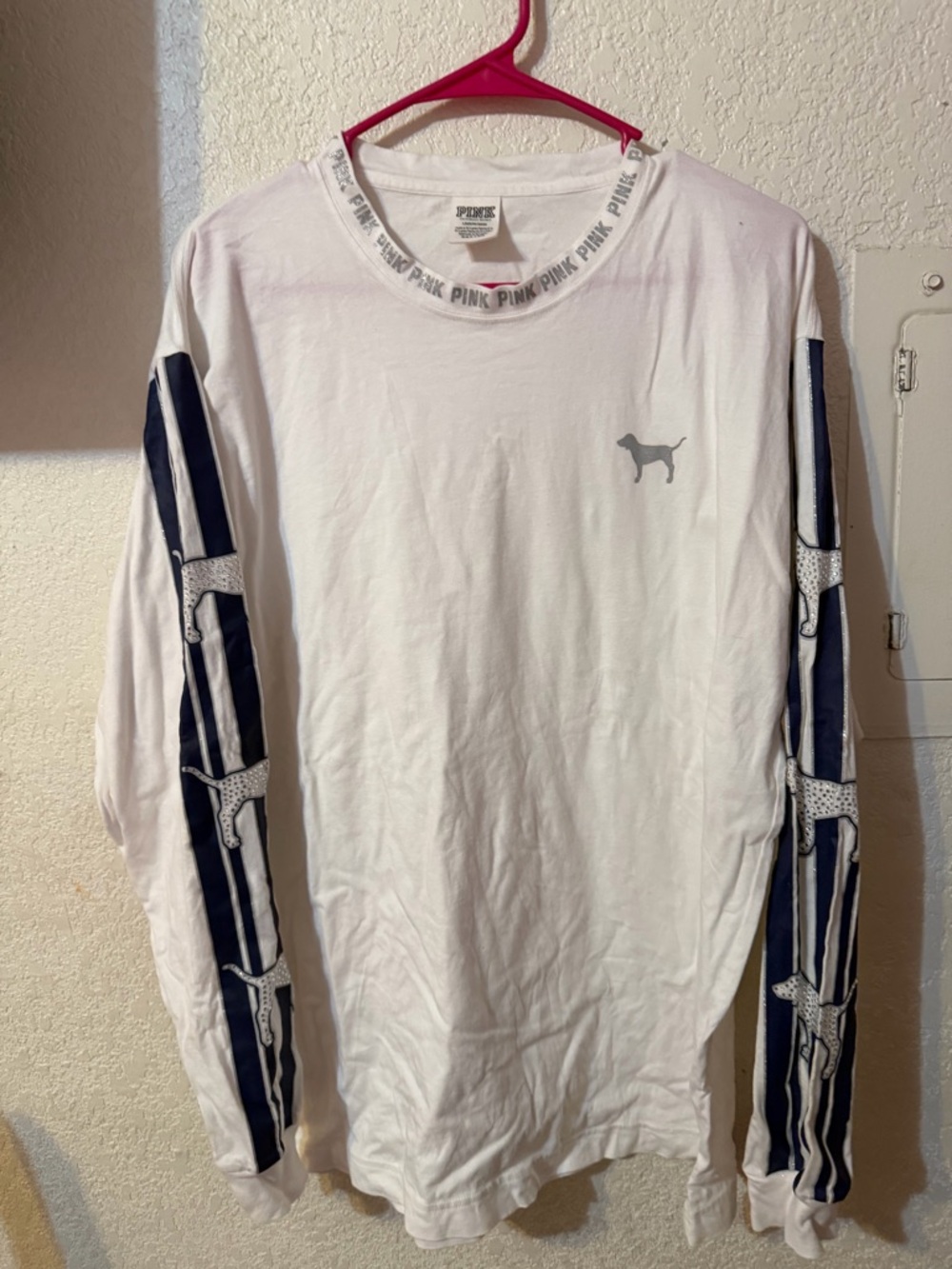 PINK Victoria's Secret White Long Sleeve Tee with Navy Stripe & Dog Motif